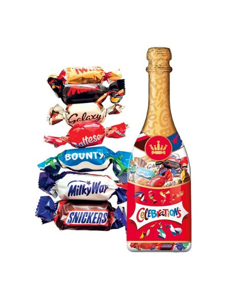 173 Dárková láhev plná bonbonů Snickers, Mars, Milky Way, Twix, Bounty . . . 296g